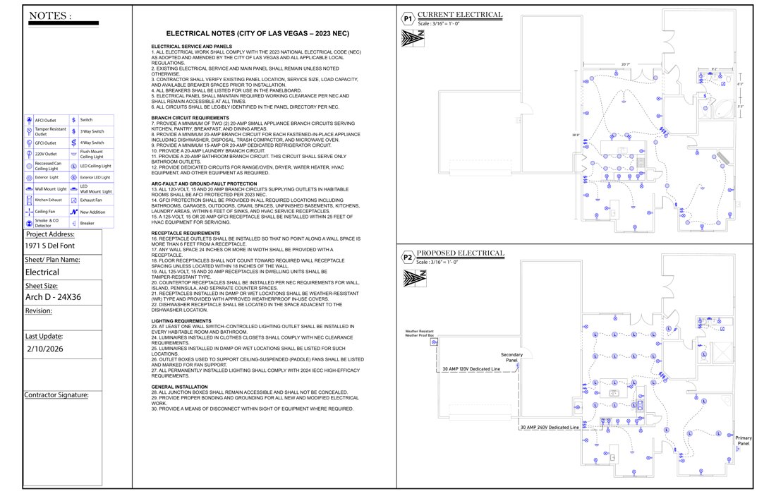 Preview of current and proposed electrical plans with symbols and code notes