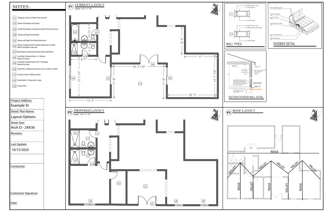 Preview of existing and proposed residential layouts with roof and construction details