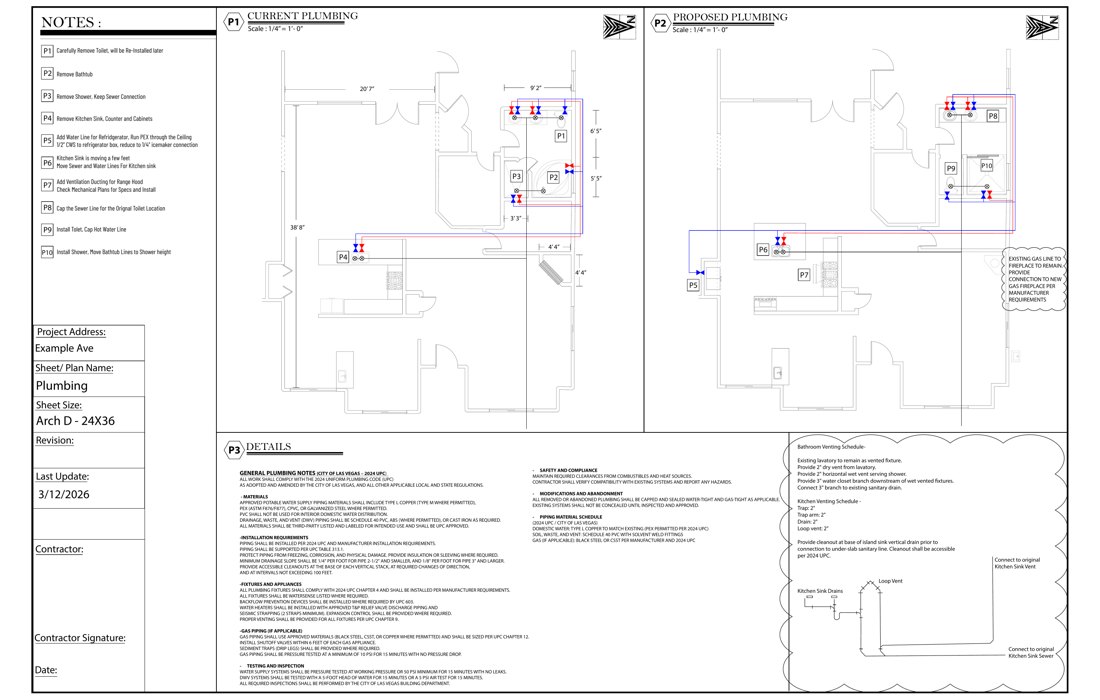 Preview of current and proposed plumbing plans with water, waste, venting, and details