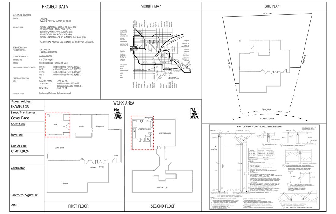 Preview of a permit cover page with project data, vicinity map, site plan, and work areas